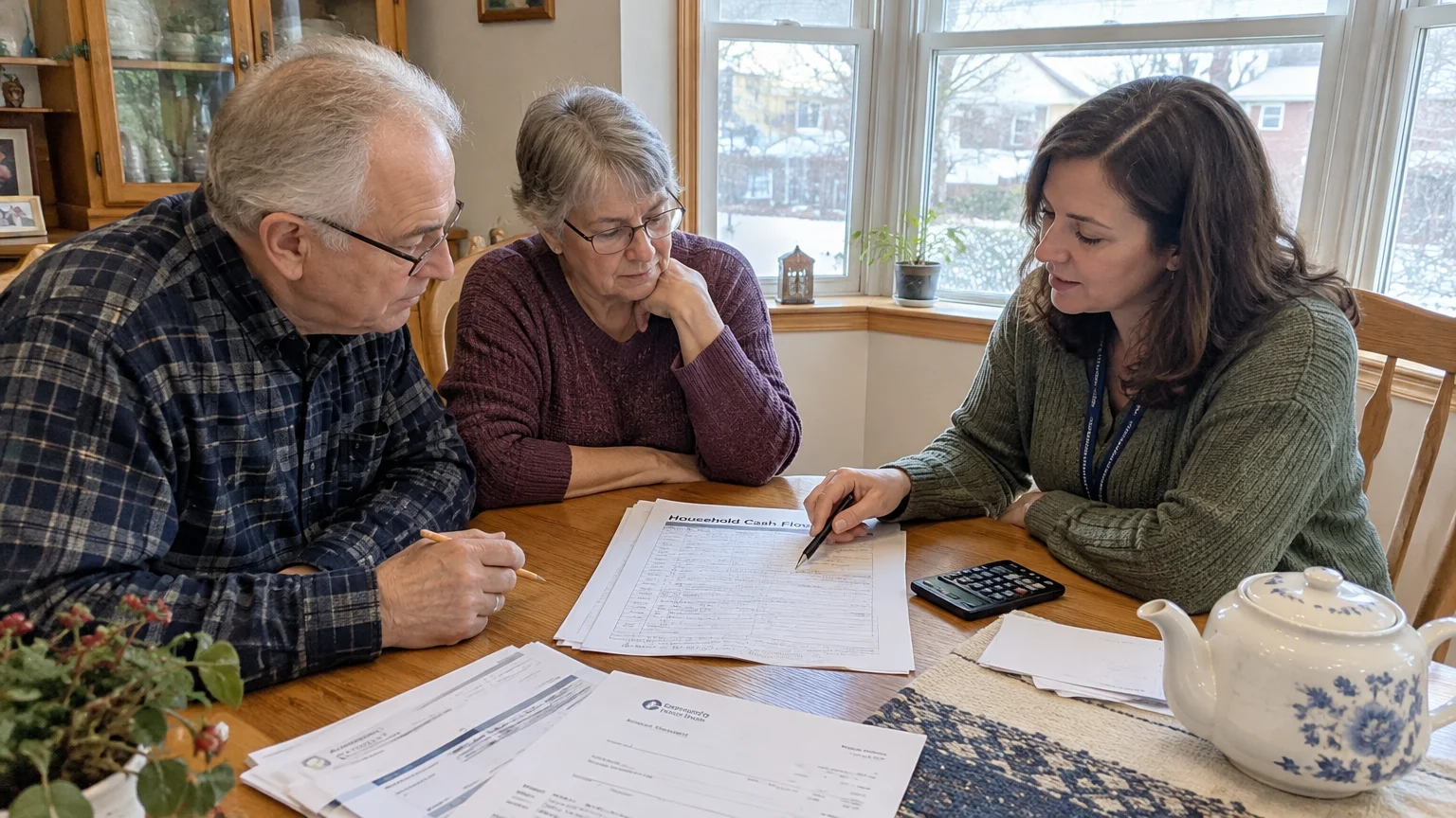 An older couple sits at a dining table reviewing financial paperwork with a younger woman pointing with a pen.