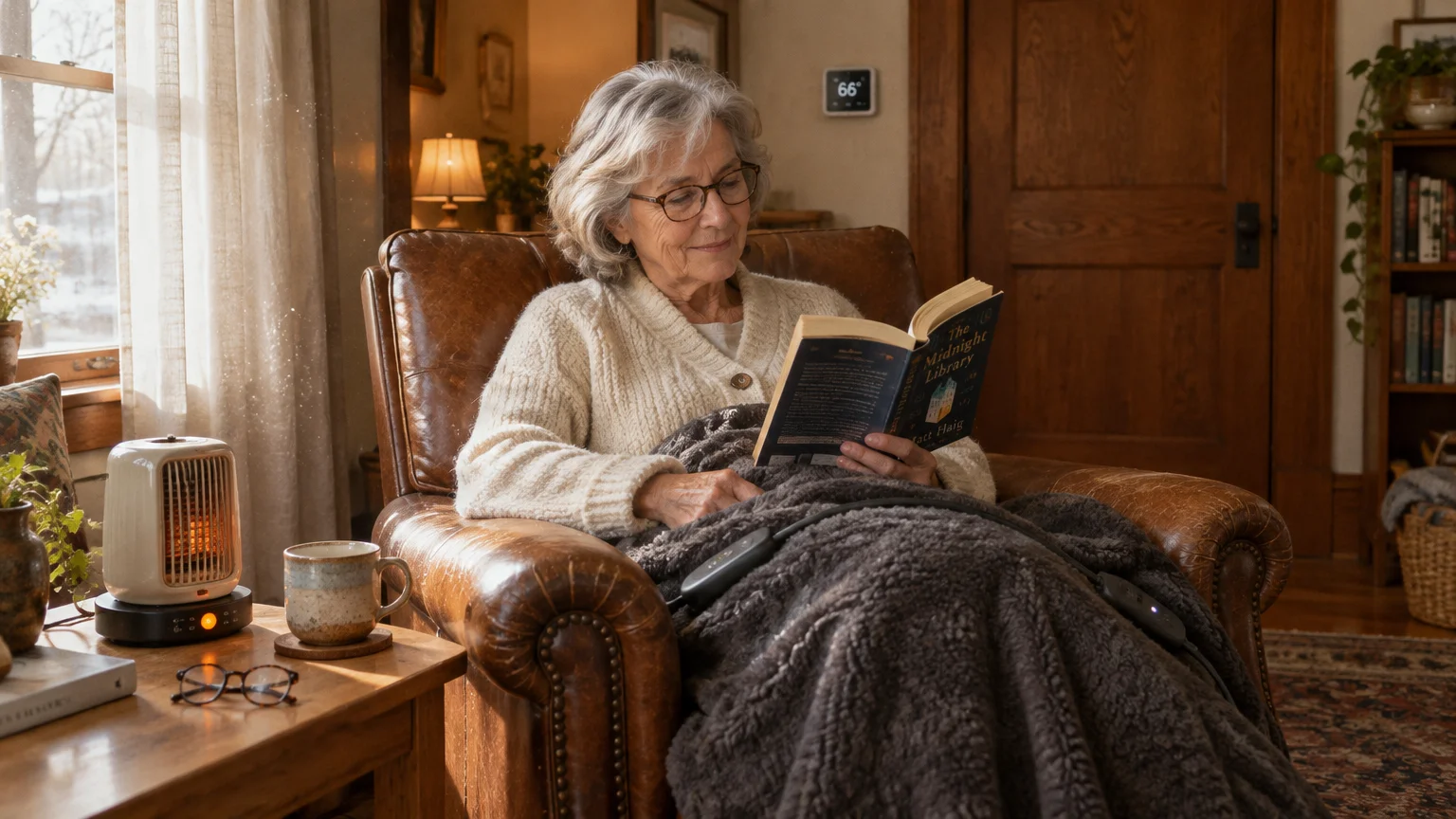 A woman reading a book in a leather armchair with an electric blanket and a small space heater nearby.
