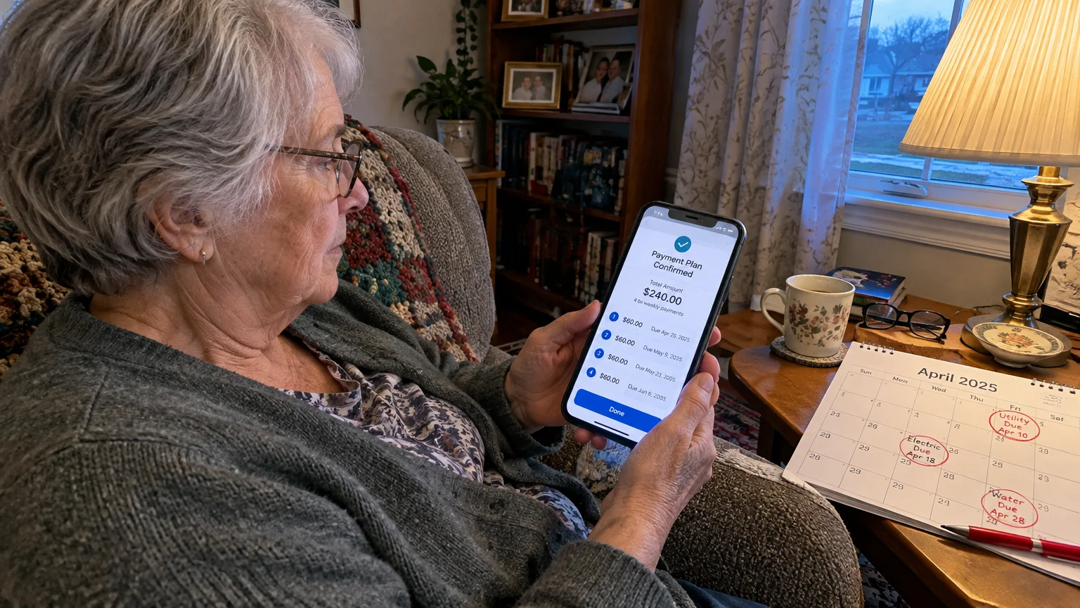 A woman holds a smartphone showing a four-installment payment schedule beside a desk calendar marked with bill due dates.