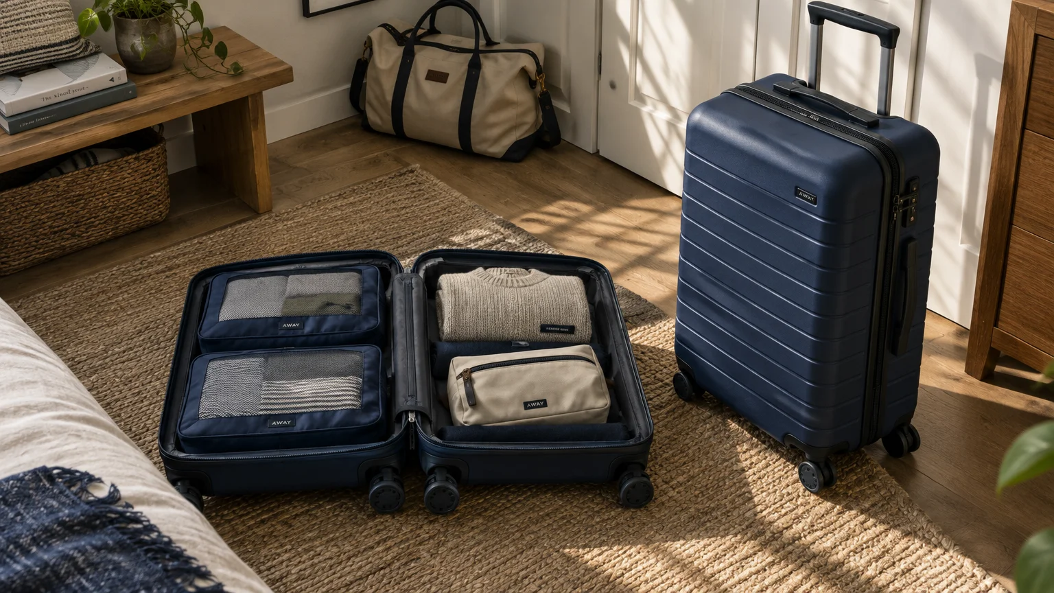 Blue hard-shell suitcase standing open on a rug beside packed packing cubes, clothing, and another upright suitcase.