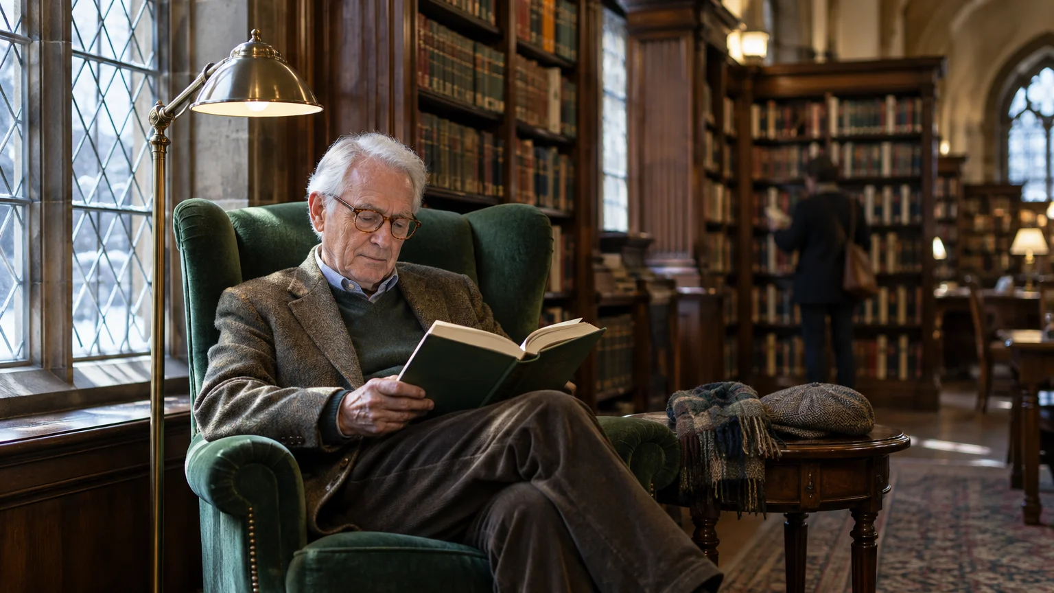 An older man wearing glasses and a tweed jacket reads a book in a green armchair inside a wooden library.