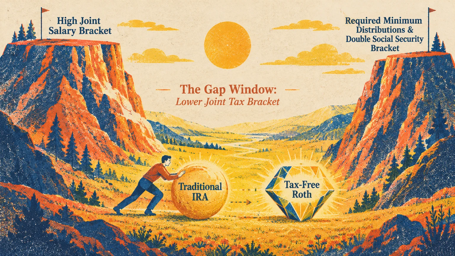 Illustration of a man pushing a Traditional IRA sphere toward a Tax-Free Roth gem between two mountain plateaus.