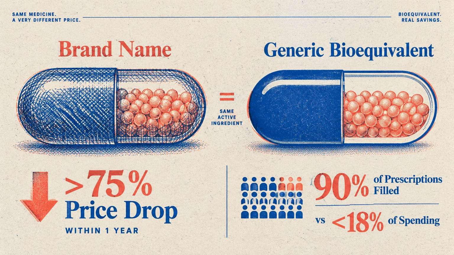 Diagram comparing brand and generic capsules, with stats showing over 75% price drop within a year and 90% filled.