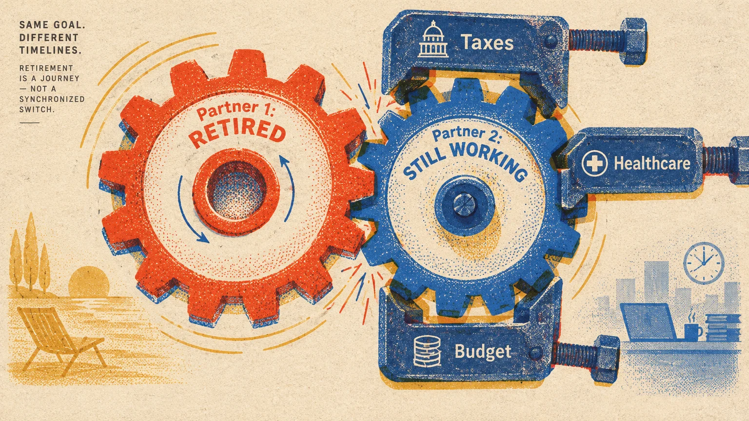 Two interlocking gears labeled retired and still working, squeezed by clamps labeled taxes, healthcare, and budget.