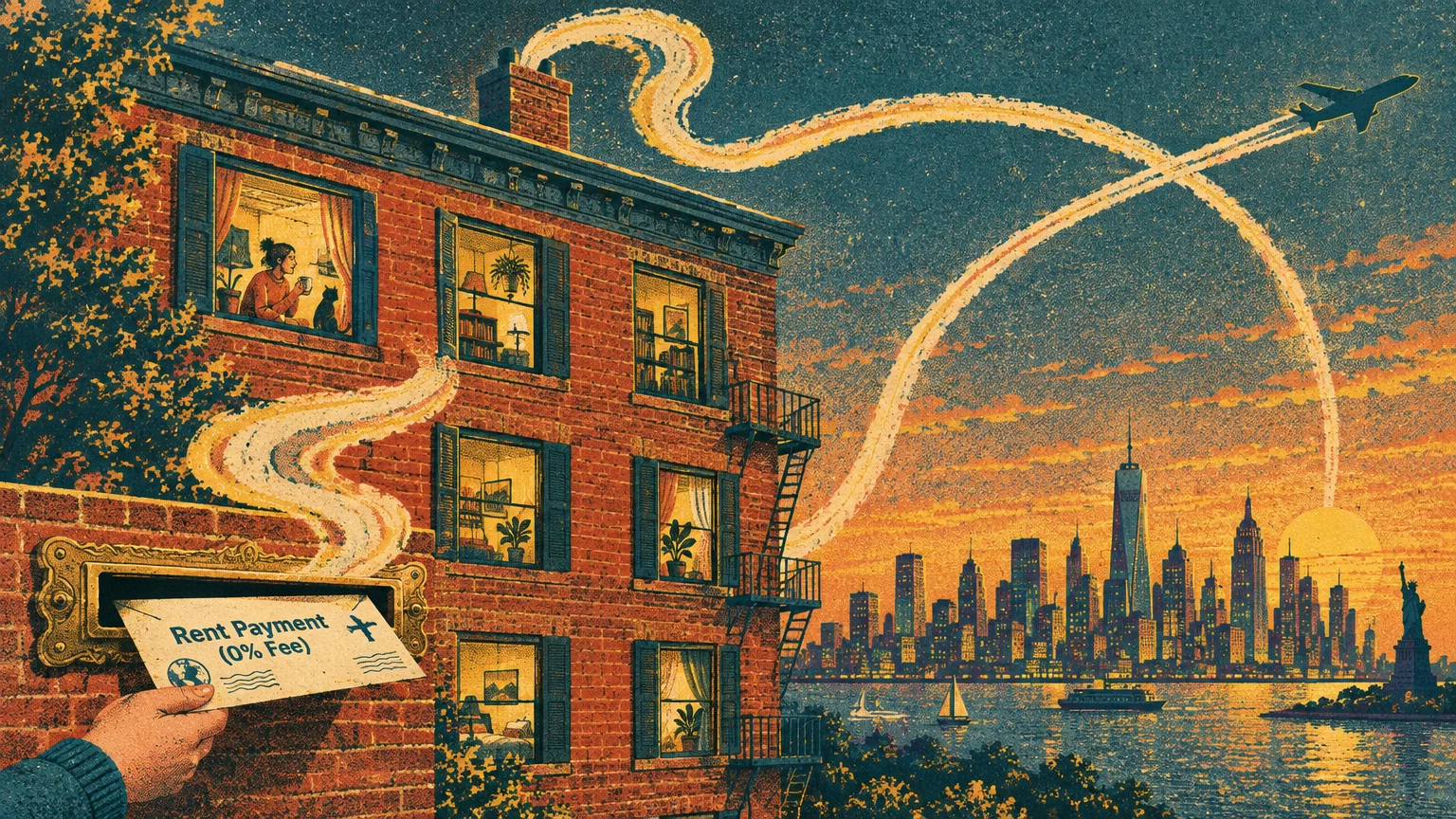 Illustration of an envelope marked rent payment slipping into a mail slot, trailing smoke to an airplane above a city skyline.