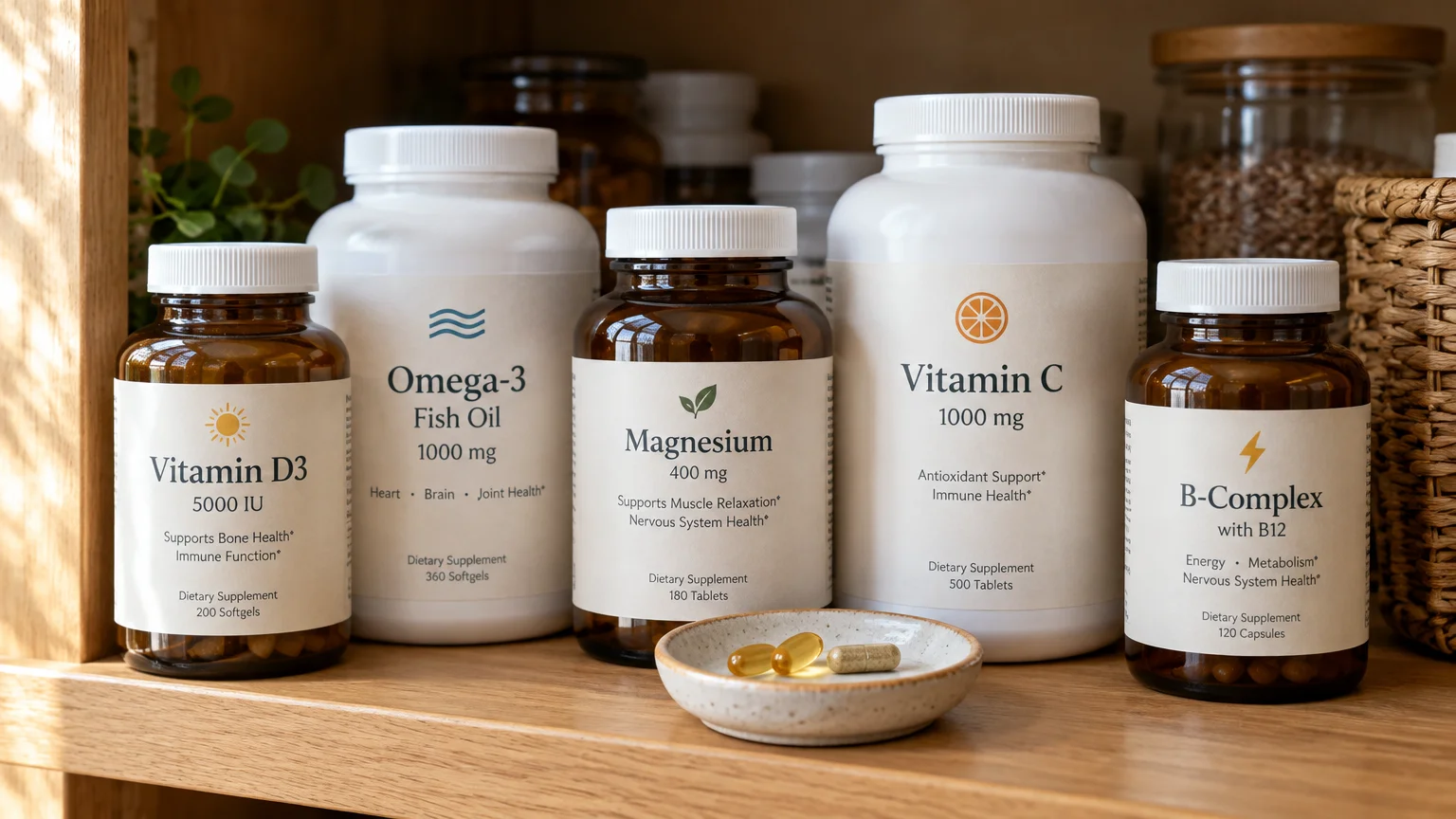Large bottles of Vitamin D3, Omega-3, Magnesium, Vitamin C, and B-Complex supplements on a wooden shelf with a small dish.
