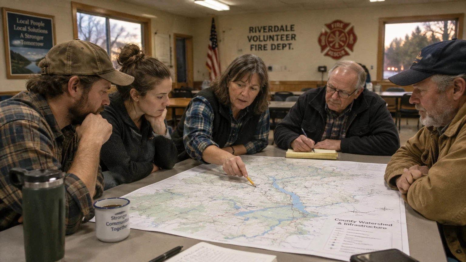 Five adults gather around a table inside a volunteer fire department station, reviewing a large watershed map together.