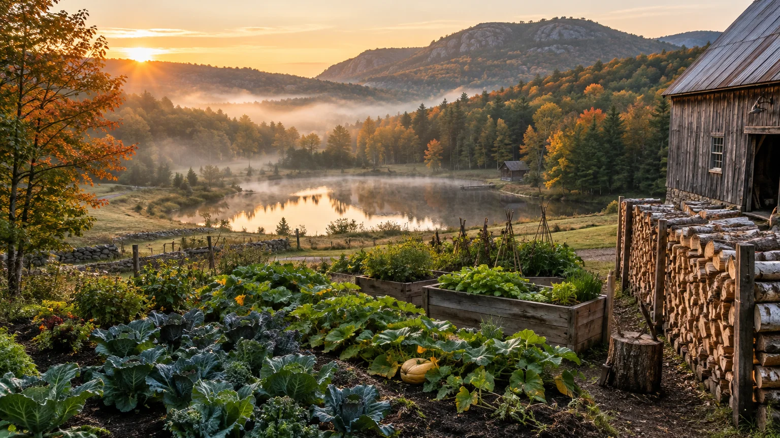 Vegetable garden and stacked firewood beside a barn overlooking a misty pond and forested hills at sunrise.