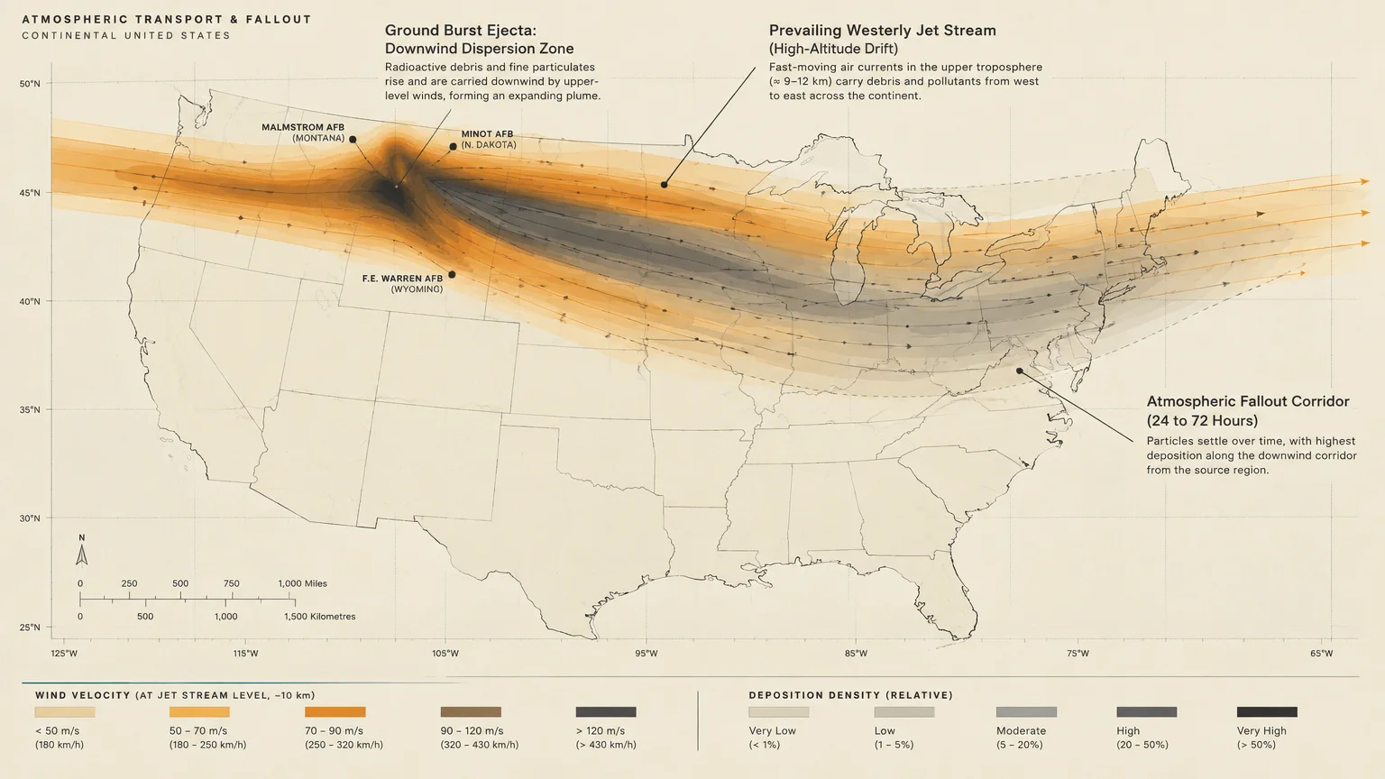 Continental US map diagramming jet stream winds and an eastward fallout corridor from western military bases.