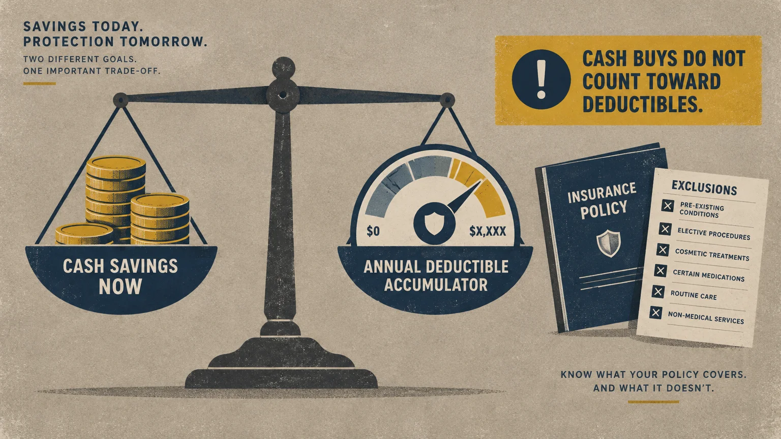 Illustration of a scale balancing cash savings against an insurance deductible meter alongside an insurance policy booklet.