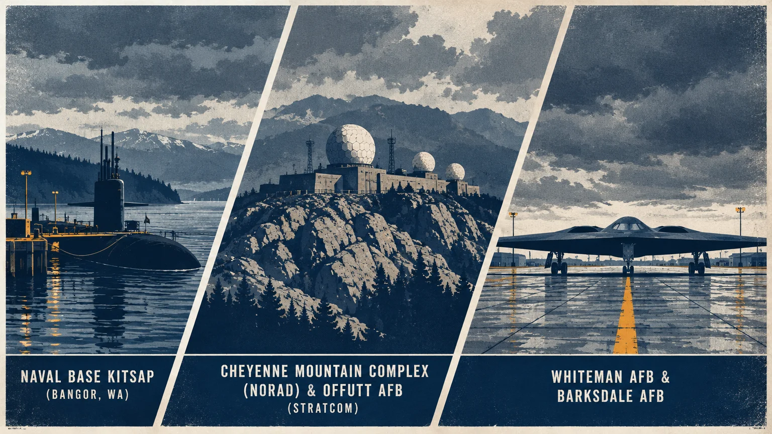Triptych illustration of a docked submarine, mountain radar domes, and a stealth bomber on a wet runway.