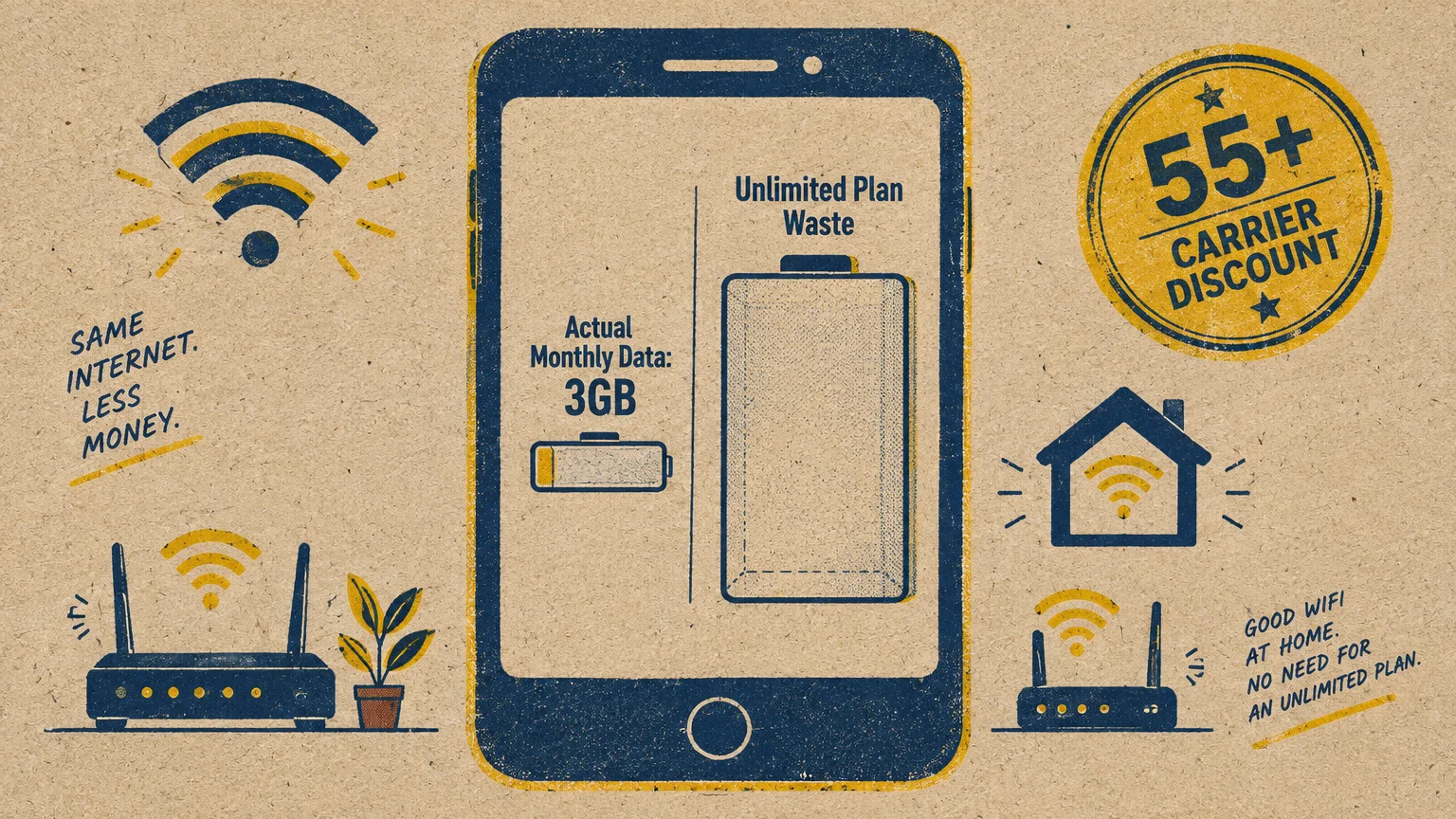 Illustration of a smartphone screen comparing data usage next to Wi-Fi routers and a 55+ carrier discount stamp.