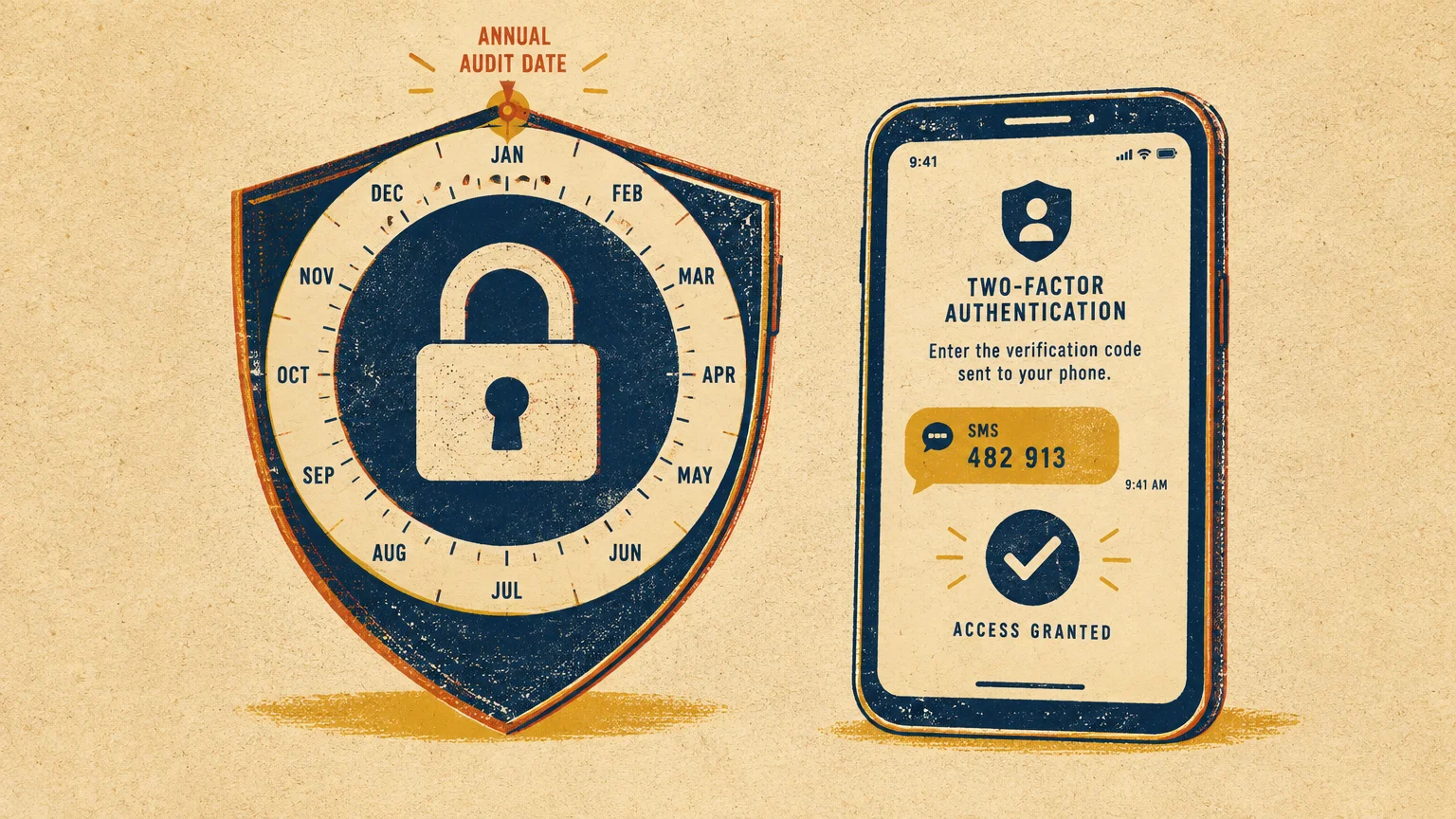 Illustration of a shield with a padlock calendar beside a smartphone displaying a two-factor authentication screen.
