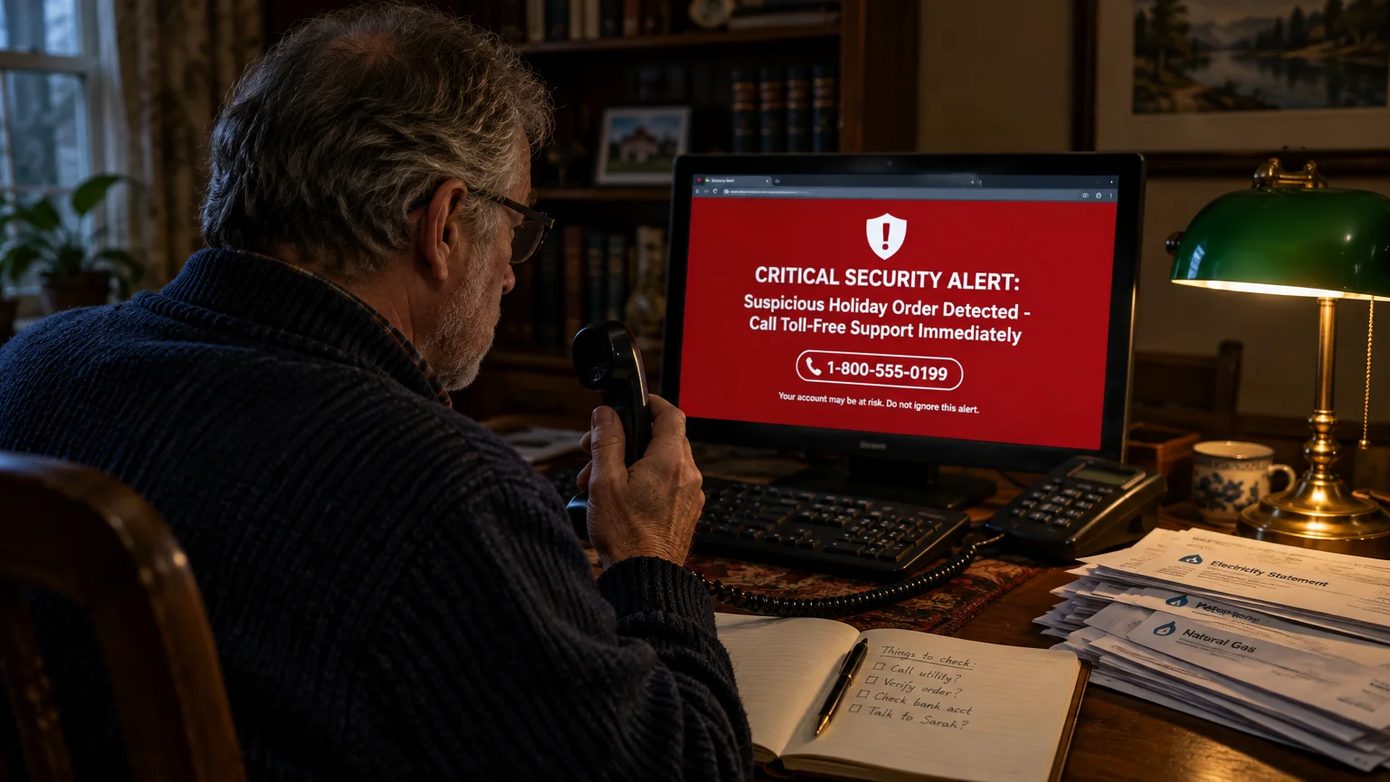 Older man holding a landline phone receiver in front of a computer screen displaying a red security alert warning.