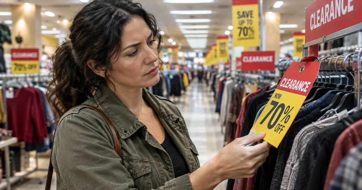 A woman inspects a 70% off clearance sale tag hanging from a clothing rack in a department store.