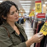 A woman inspects a 70% off clearance sale tag hanging from a clothing rack in a department store.