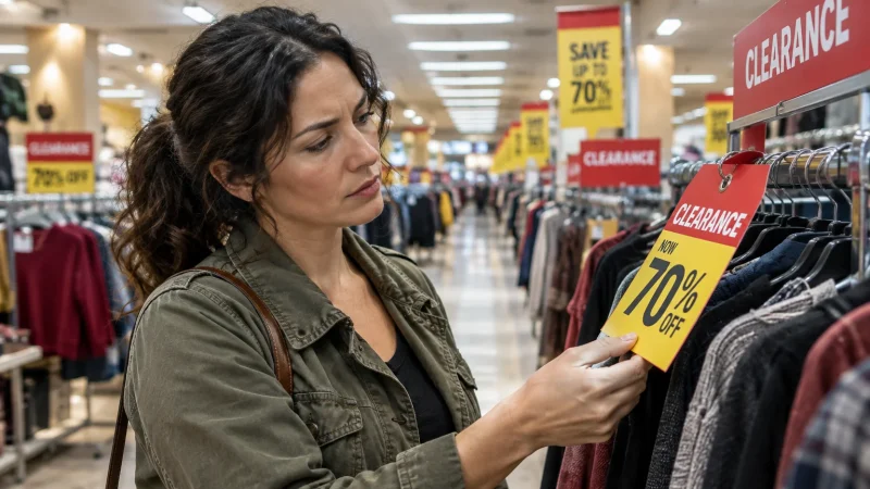A woman inspects a 70% off clearance sale tag hanging from a clothing rack in a department store.