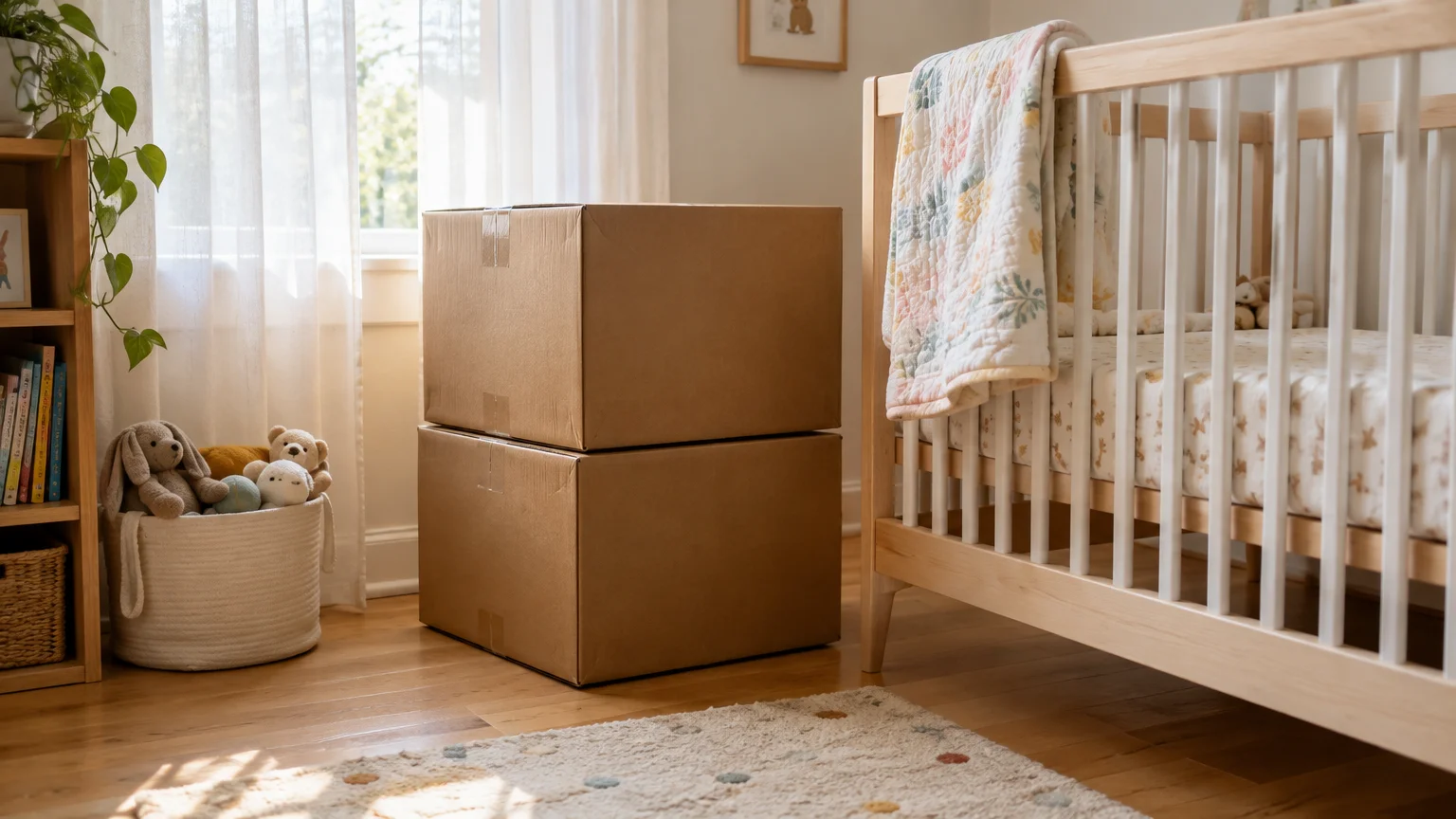 Two stacked cardboard shipping boxes on a wooden floor in a sunny nursery next to a wooden crib.