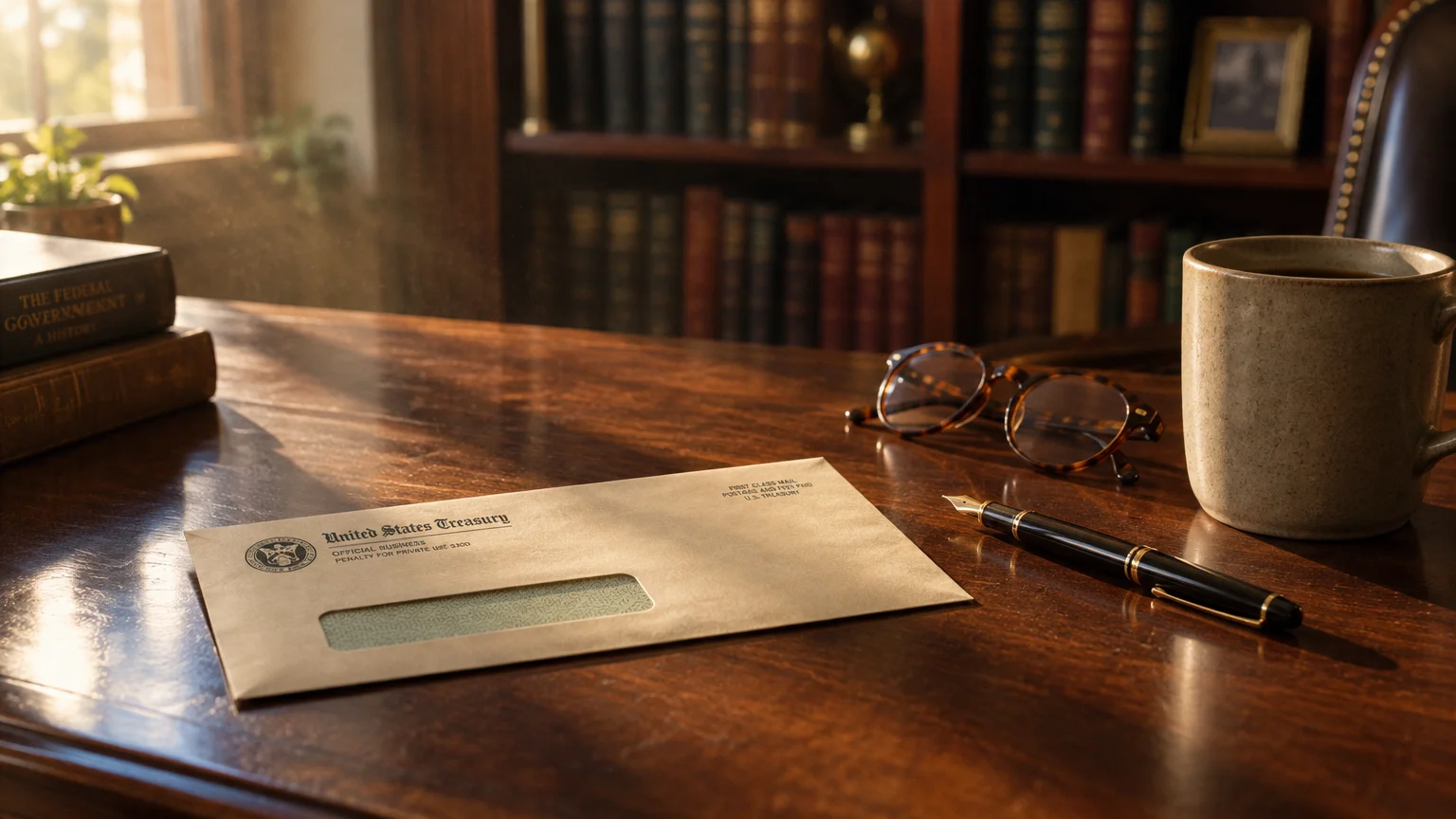 A United States Treasury envelope rests on a wooden desk beside a fountain pen, eyeglasses, and a coffee mug.