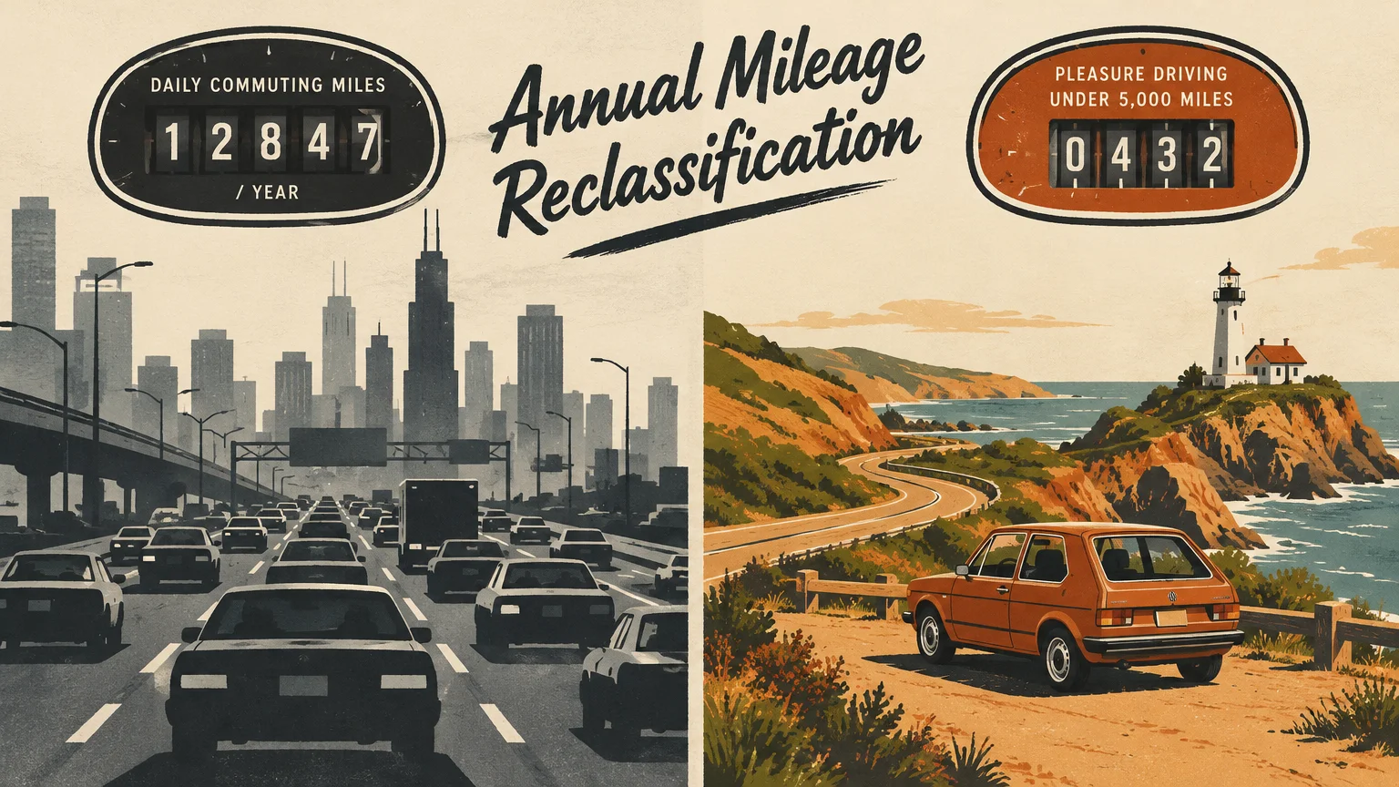 Split illustration contrasting busy city traffic odometer reading 12,847 miles with a coastal highway car reading 432 miles.