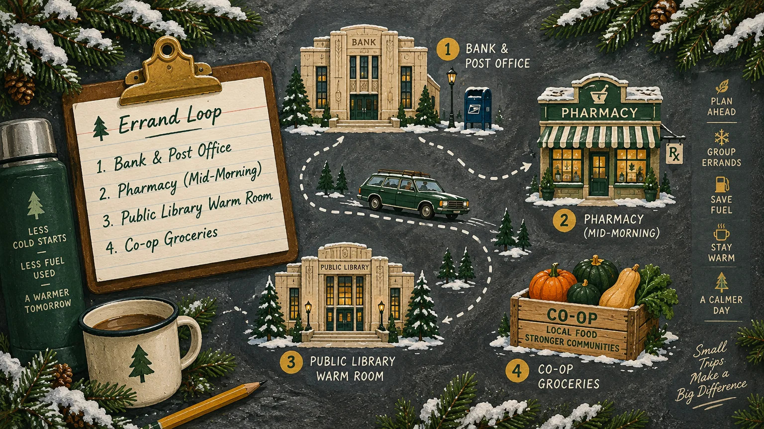 Illustrated map showing a car driving along a snowy four-stop errand loop beside a clipboard checklist and coffee mug.