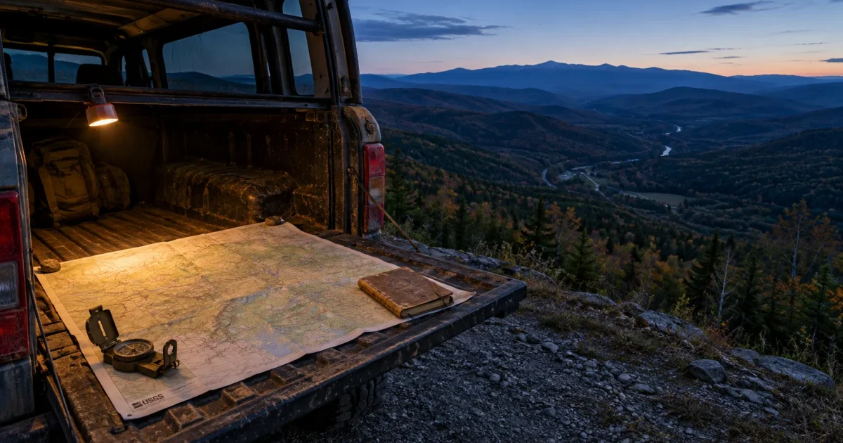 A map, compass, and book on an open vehicle tailgate overlooking a wide mountain valley at dusk.