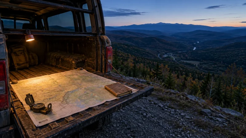 A map, compass, and book on an open vehicle tailgate overlooking a wide mountain valley at dusk.