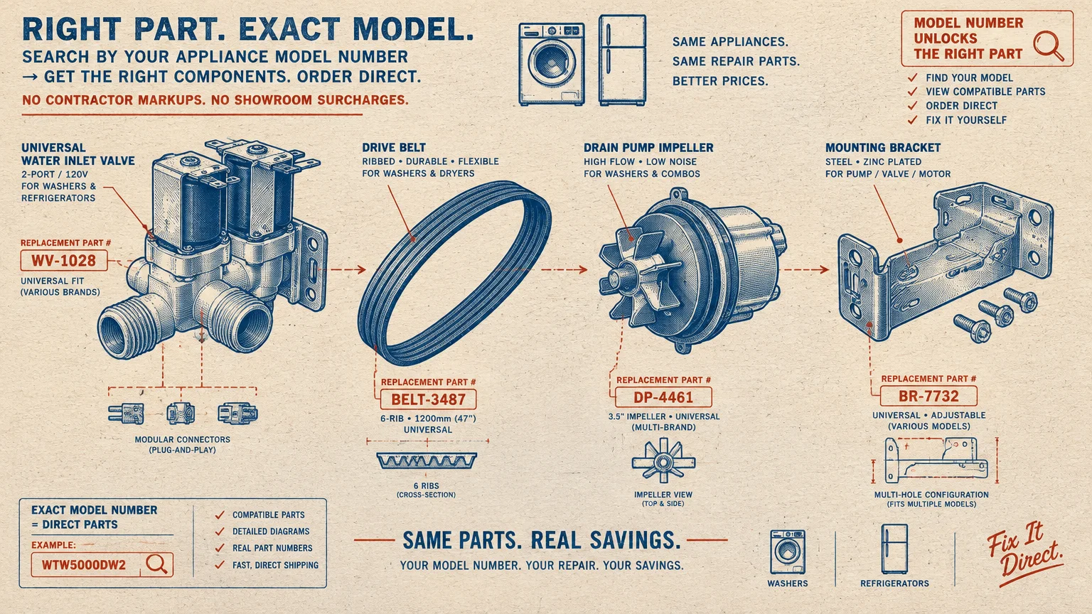 Blueprint-style diagram showing appliance parts including a water inlet valve, drive belt, drain pump, and bracket.