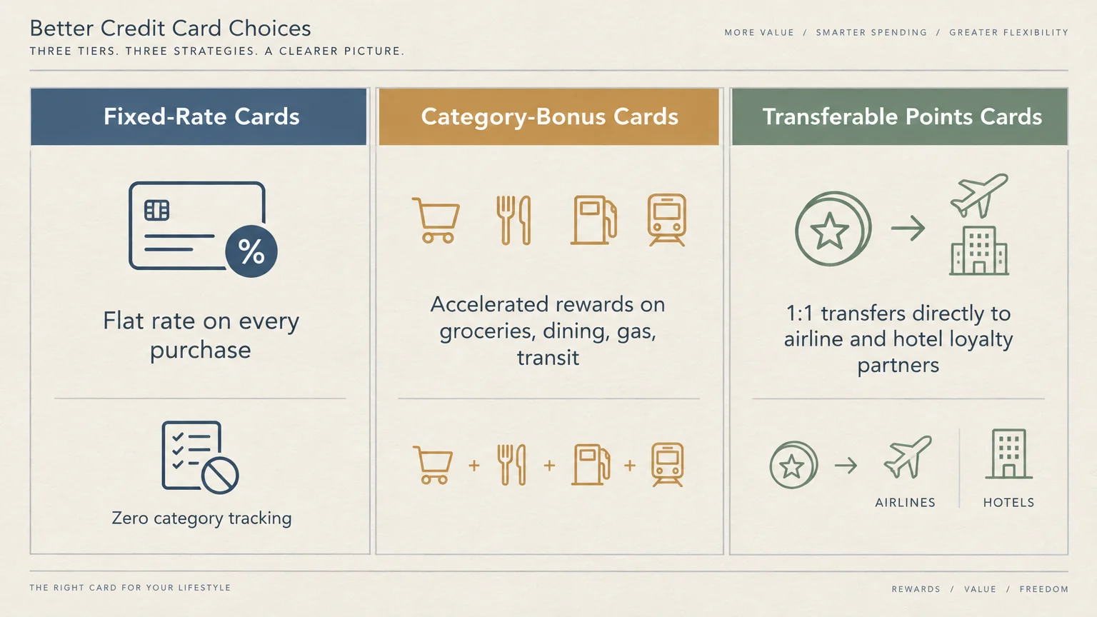 Three-column infographic comparing Fixed-Rate Cards, Category-Bonus Cards, and Transferable Points Cards with icons.