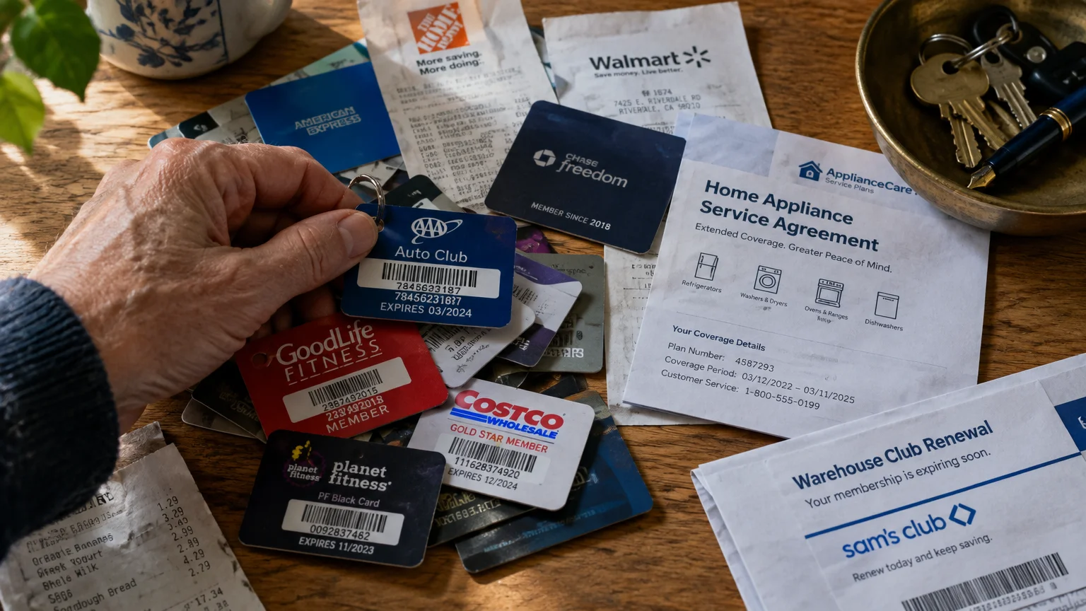 A hand holding an auto club card over membership tags, credit cards, and service warranty renewal notices on a wooden table.