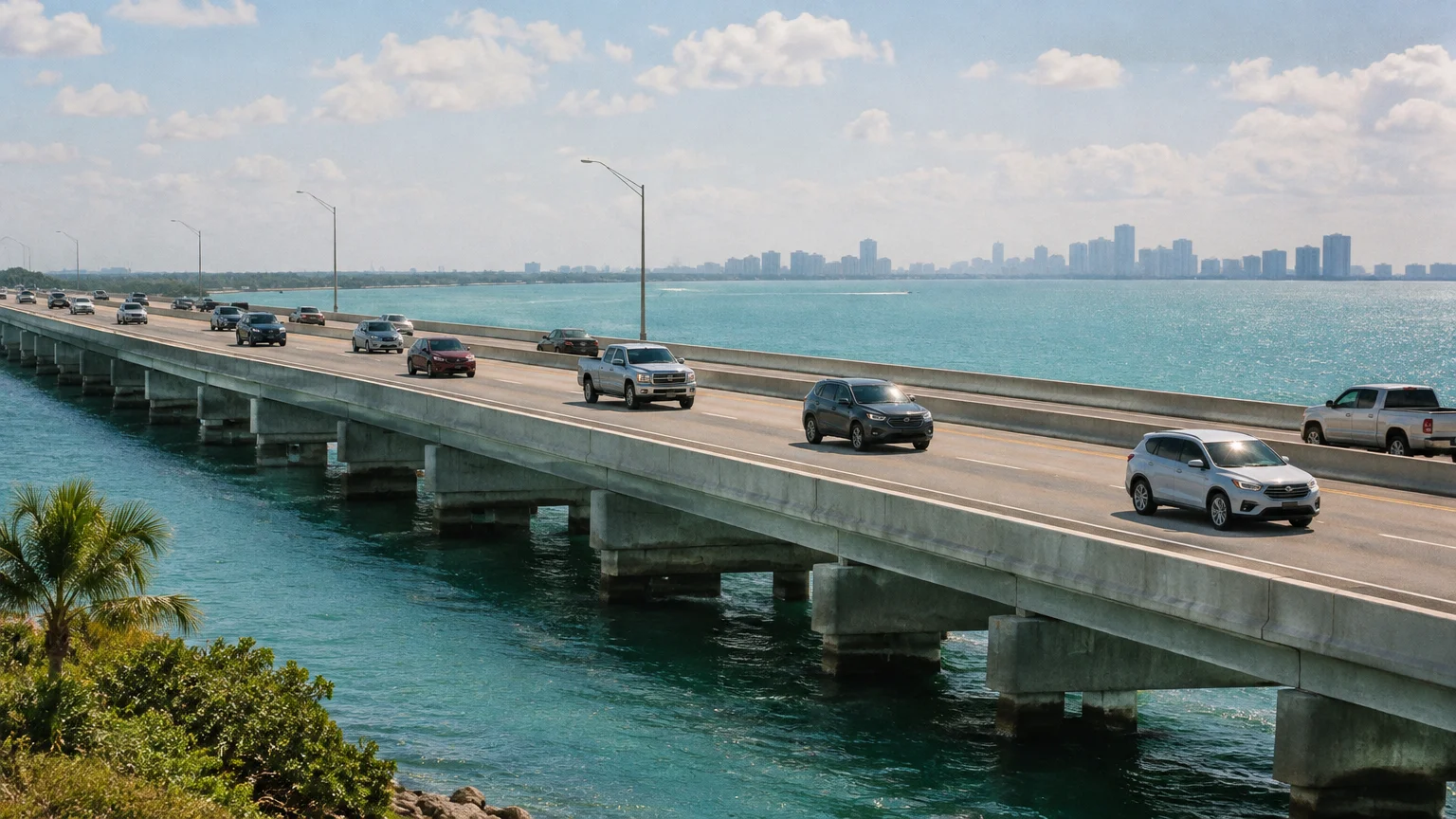 Cars and pickup trucks driving across a concrete causeway bridge over turquoise water toward a city skyline.