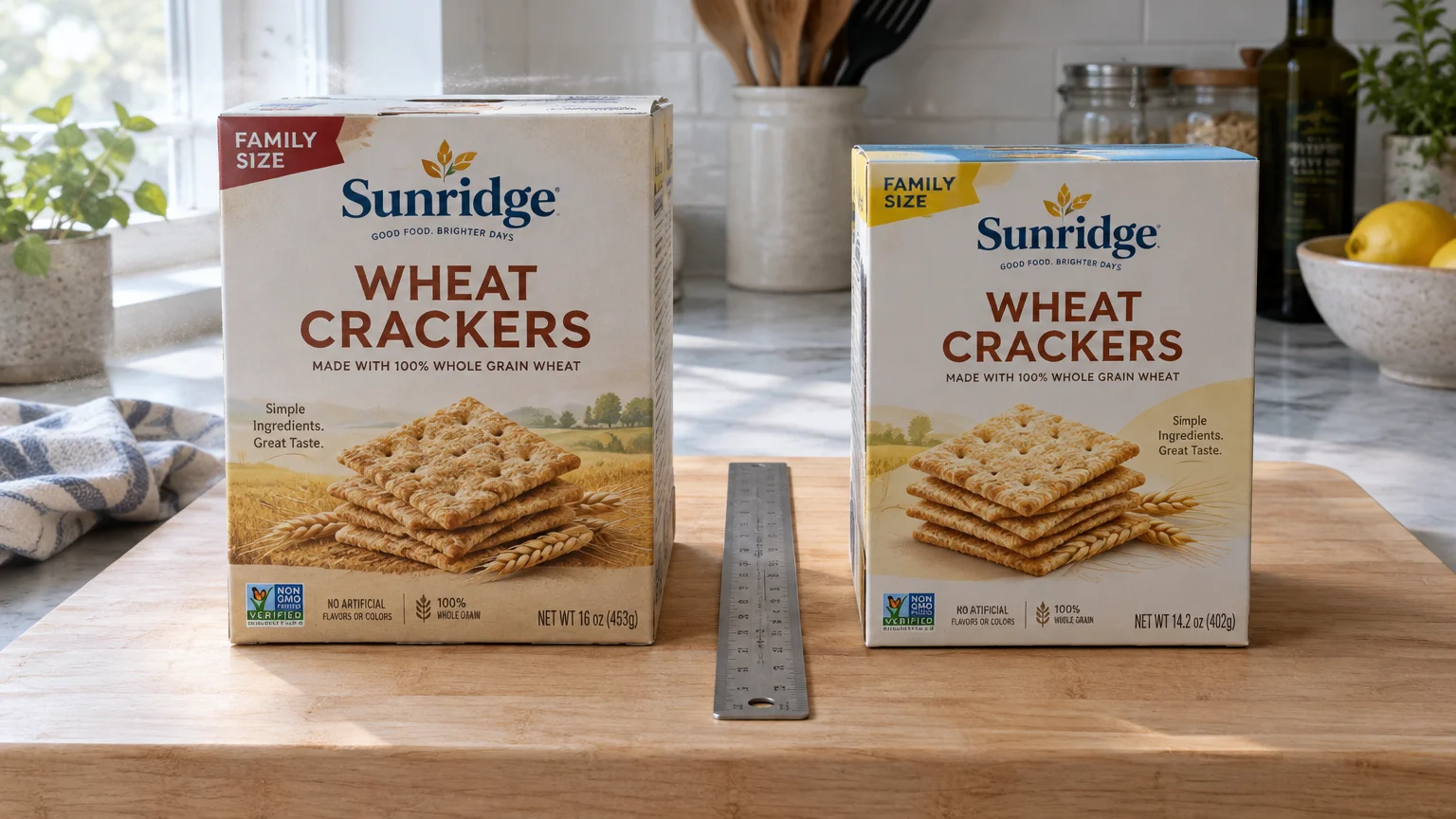 Two Sunridge wheat cracker boxes side by side with a ruler between them, showing a 16 oz box next to a 14.2 oz box.