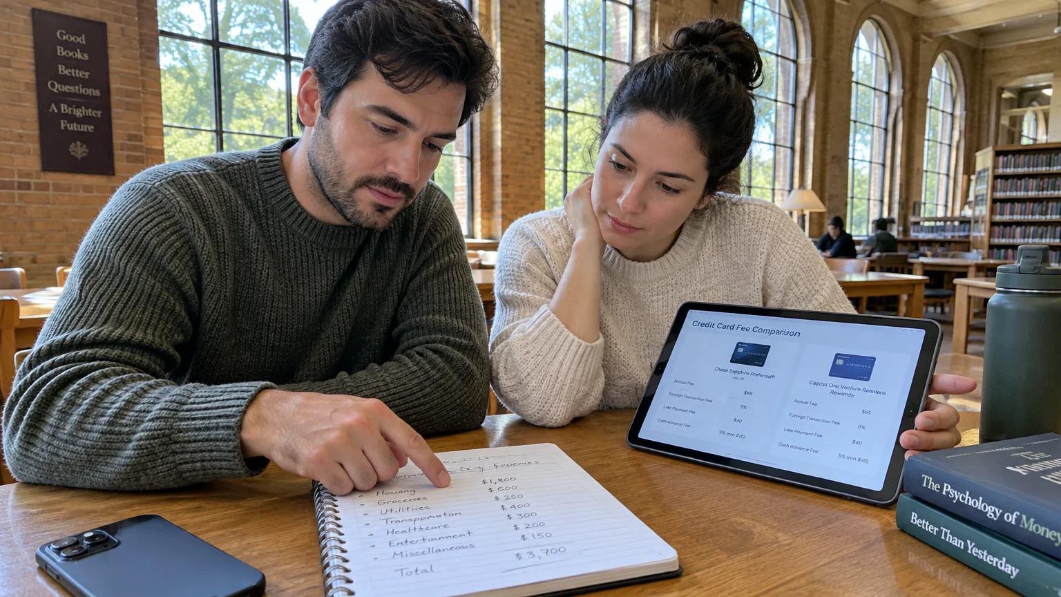 A man and woman review handwritten expenses in a notebook alongside a tablet displaying credit card fees in a library.