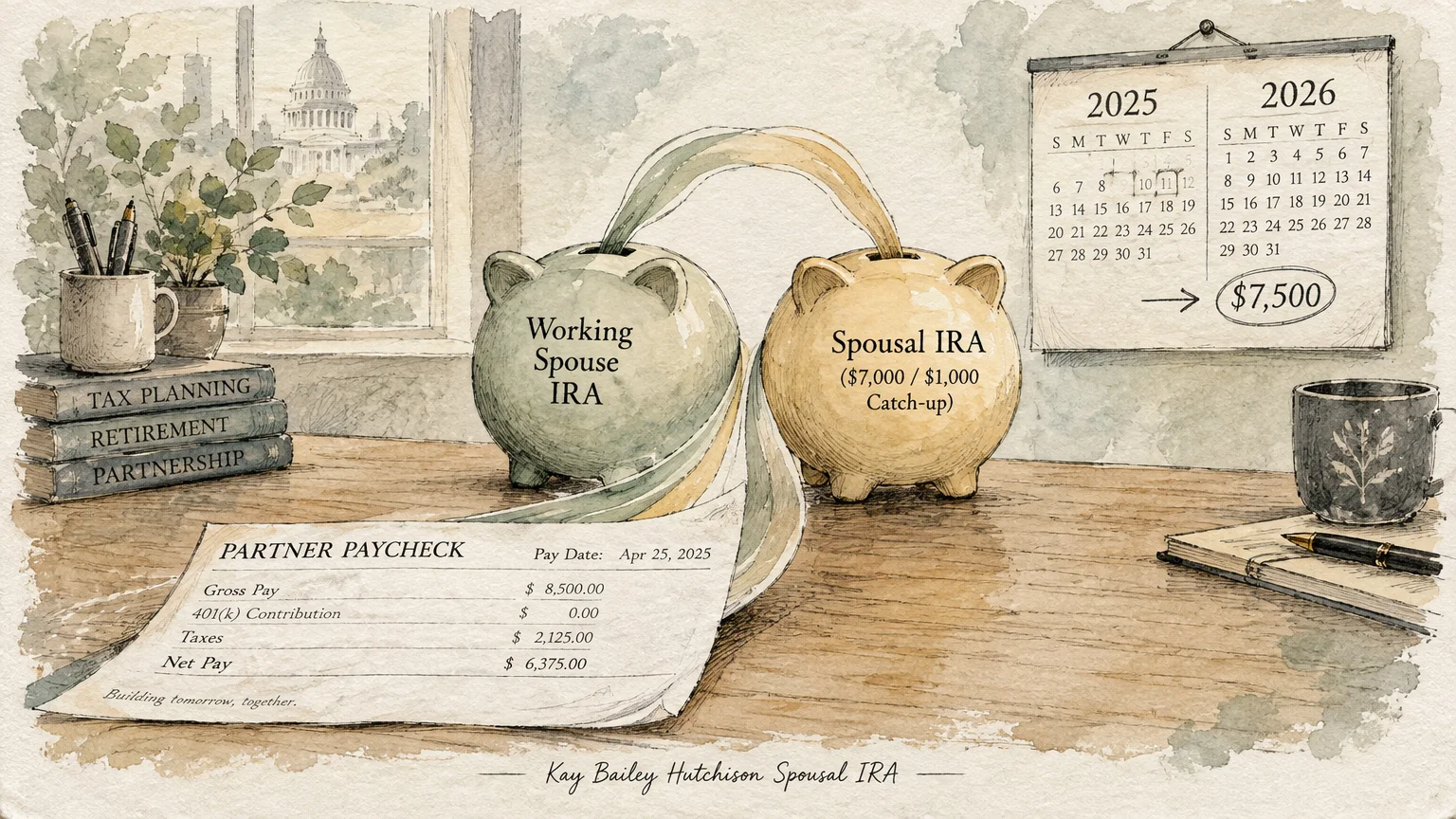Two piggy banks on a desk fed by ribbons from a paycheck, beside calendars showing 2025 and 2026.