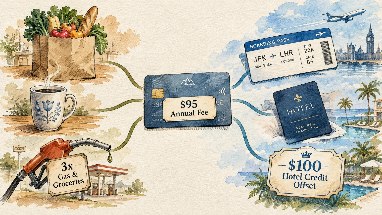 Illustration linking grocery, coffee, and gas spending through a $95 annual fee credit card to flights and hotel stays.