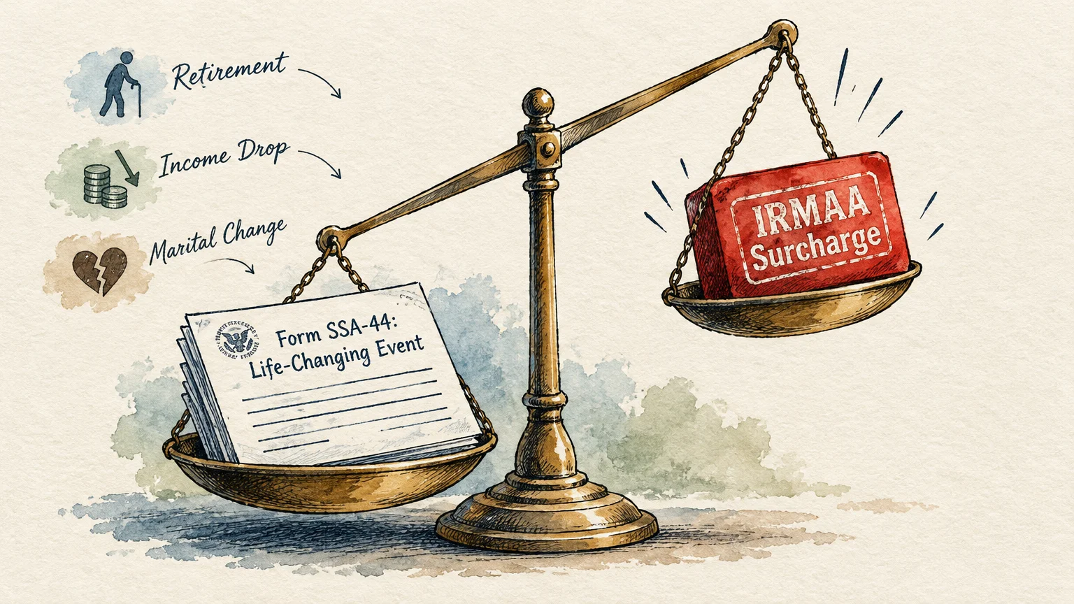 Illustration of a scale balancing Form SSA-44 Life-Changing Event papers against a heavy red IRMAA Surcharge brick.