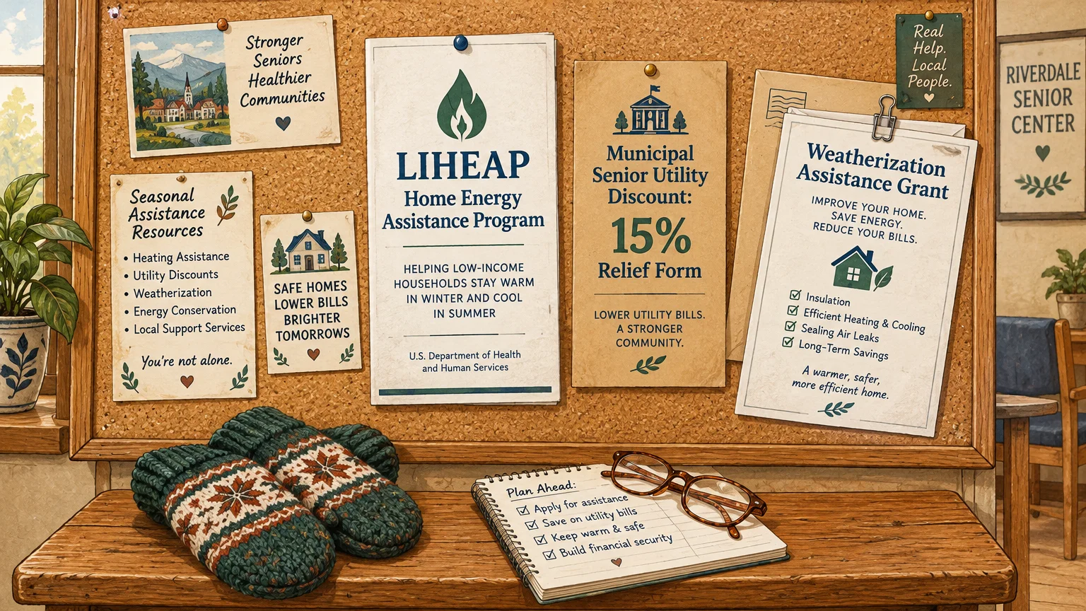 Illustration of a corkboard with LIHEAP and utility discount flyers above a desk with winter mittens and a notebook.