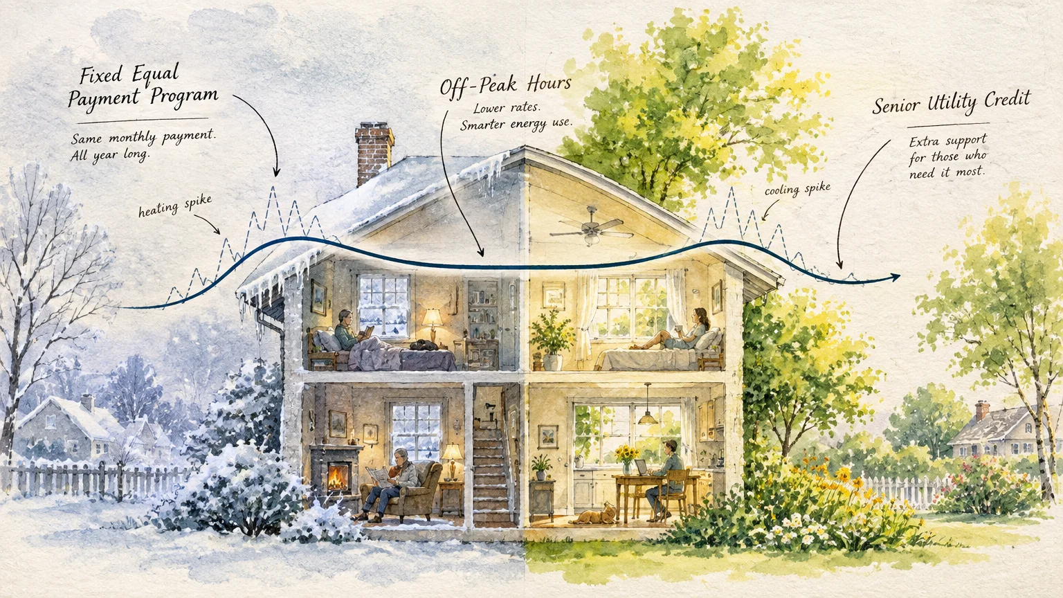 Split illustration of a cutaway house in winter and summer, showing seasonal rate spikes smoothed by an energy line.