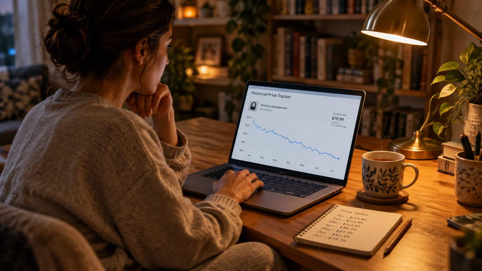 Woman sitting at a wooden desk at night looking at a laptop showing a historical price tracker line chart.