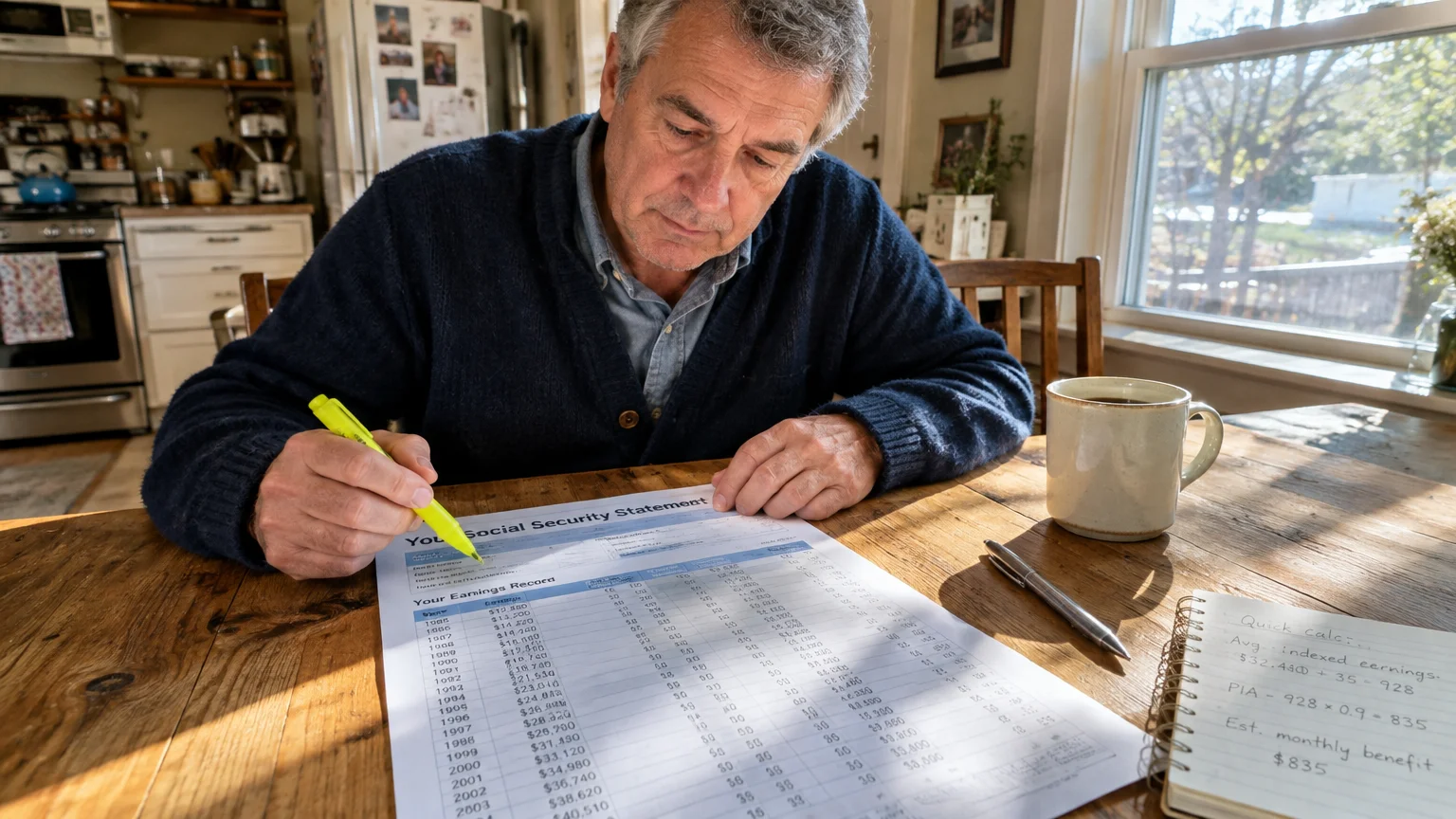A man reviews a printed Social Security Statement with a yellow highlighter at a wooden table beside a notebook.