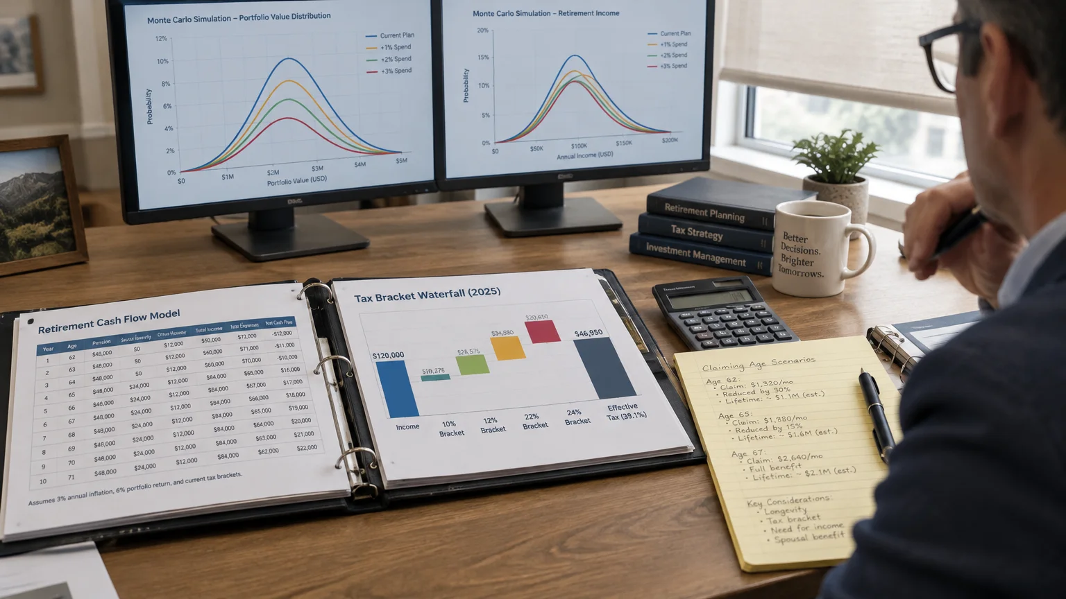 Man at a wooden desk reviewing open financial binders, claiming age notes, a calculator, and two computer monitors.